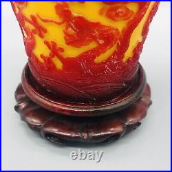 Chinese Vase Peking Glass Antique Carved Overlay Dragons Art with Stand 12