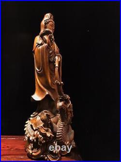 Chinese Vintage Boxwood Carved Dragon Kwan Yin Statue Home Decor Sculpture Art