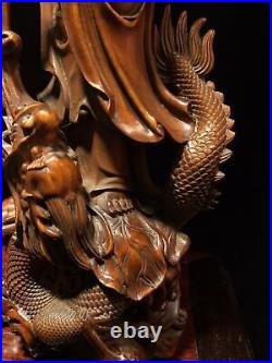 Chinese Vintage Boxwood Carved Dragon Kwan Yin Statue Home Decor Sculpture Art