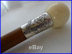 Chinese Walking Stick Cane Solid Silver Collar Malacca Wood Shaft Dragon Design