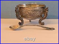 Chinese Wang Hing Silver Repousse Mini Dragon Footed Snuff Bowl withGlass Dome
