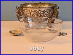 Chinese Wang Hing Silver Repousse Mini Dragon Footed Snuff Bowl withGlass Dome