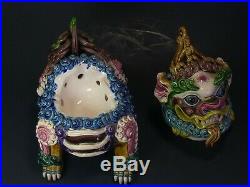 Chinese WuCai Porcelain & Pottery Foo Dog Lion Dragon kylin statue censer burner