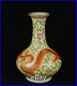 Chinese antique Famille Rose enamels red gild dragon vase Qing Qianlong seal