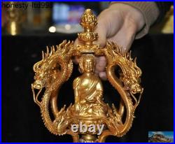 Chinese bronze 24k gold Gilt Dragon Shakyamuni Buddha Monk staves monk's stick