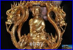 Chinese bronze 24k gold Gilt Dragon Shakyamuni Buddha Monk staves monk's stick