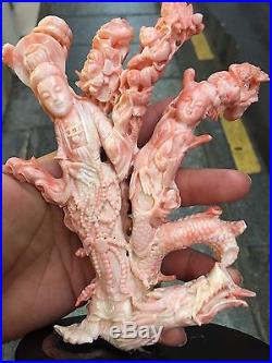 Chinese carved antique white pinkish coral group Woman Children Dragon 427 gram