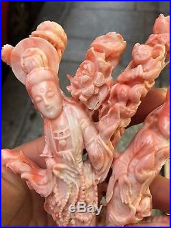 Chinese carved antique white pinkish coral group Woman Children Dragon 427 gram