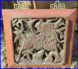 Chinese carved pierced wood Carving Dragon Qilin Wall Art Panel Hanging