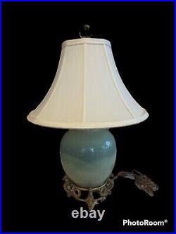 Chinese celadon vase long Quan kiln ginger jar lamp Vintage Brass Dragon Base