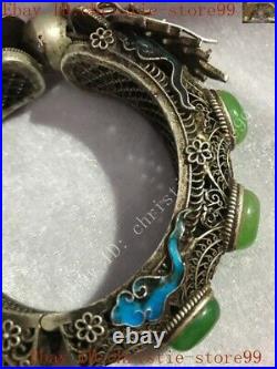 Chinese dynasty silver Enamel Dragon inlay green jade Exorcism amulet bracelet