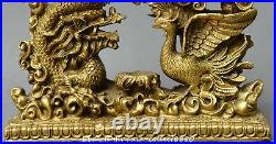 Chinese fengshui old bronze Dragon phoenix Opera beads auspicious animal statue