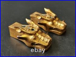 Chinese gilding bronze Dragon head shaped Finial Chariot ornament A pair