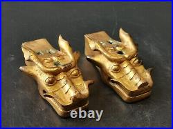 Chinese gilding bronze Dragon head shaped Finial Chariot ornament A pair