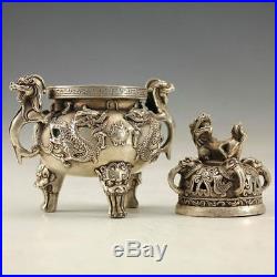 Chinese hand-carved Tibetan Silver Dragon Incense Burner Ming Dynasty Xuan De Ma