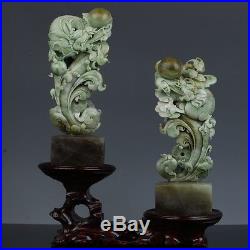 Chinese hand-carved natural green Dushan jade Two dragon statue