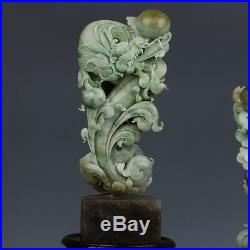 Chinese hand-carved natural green Dushan jade Two dragon statue