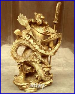 Chinese heroic Guan Gong Yu Bronze Warrior God Stand in Dragon Statue