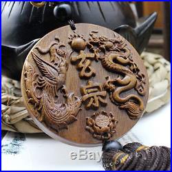 Chinese knot & wood carving sculpture legend Dragon & Phoenix statue amulet W65