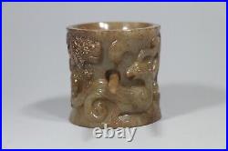 Chinese old Han Dy. Jade carved Lucky Dragon Beast figure hair hoop W Stick