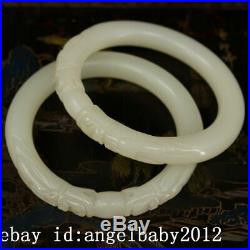 Chinese old antique white jade carved dragon Bracelet A pair with wood box