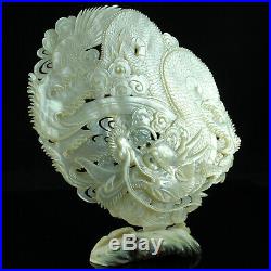 Chinese or Japanese Mother of Pearl Carved Shell Dragon on Stand