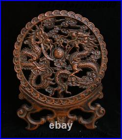 Collect Chinese Dynasty HuangHuali Wood Hand-carved double Dragon screen Statue