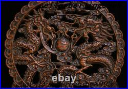 Collect Chinese Dynasty HuangHuali Wood Hand-carved double Dragon screen Statue