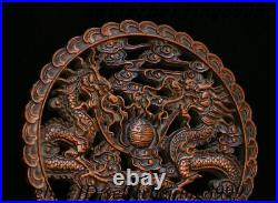 Collect Chinese Dynasty HuangHuali Wood Hand-carved double Dragon screen Statue