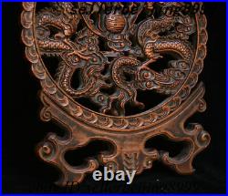 Collect Chinese Dynasty HuangHuali Wood Hand-carved double Dragon screen Statue