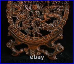 Collect Chinese Dynasty HuangHuali Wood Hand-carved double Dragon screen Statue