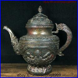 Collect Folk Old Chinese Temple Bronze Gilt Dragon handle Wine Tea Pot Statue