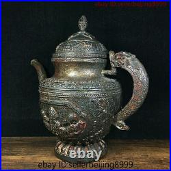 Collect Folk Old Chinese Temple Bronze Gilt Dragon handle Wine Tea Pot Statue