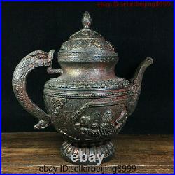 Collect Folk Old Chinese Temple Bronze Gilt Dragon handle Wine Tea Pot Statue