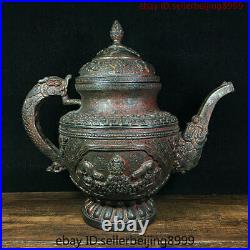 Collect Folk Old Chinese Temple Bronze Gilt Dragon handle Wine Tea Pot Statue