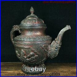 Collect Folk Old Chinese Temple Bronze Gilt Dragon handle Wine Tea Pot Statue