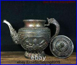 Collect Folk Old Chinese Temple Bronze Gilt Dragon handle Wine Tea Pot Statue