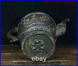 Collect Folk Old Chinese Temple Bronze Gilt Dragon handle Wine Tea Pot Statue