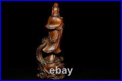 Collect Old Chinese Boxwood Wood Carving Dragon Kwan-yin Goddess Guan Yin Statue