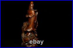 Collect Old Chinese Boxwood Wood Carving Dragon Kwan-yin Goddess Guan Yin Statue