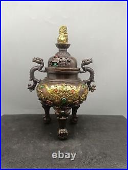 Collectible Unique Chinese Bronze Gilding Dragon Bat Lion Incense Burners Censer