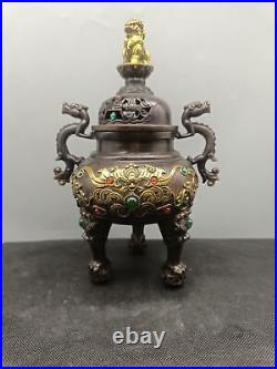 Collectible Unique Chinese Bronze Gilding Dragon Bat Lion Incense Burners Censer