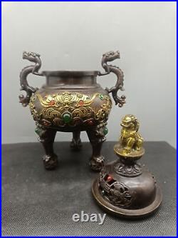 Collectible Unique Chinese Bronze Gilding Dragon Bat Lion Incense Burners Censer