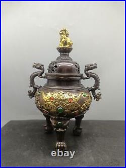 Collectible Unique Chinese Bronze Gilding Dragon Bat Lion Incense Burners Censer