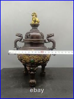 Collectible Unique Chinese Bronze Gilding Dragon Bat Lion Incense Burners Censer