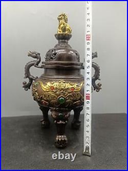 Collectible Unique Chinese Bronze Gilding Dragon Bat Lion Incense Burners Censer