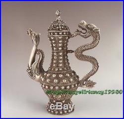 Collectible ancient Chinese Antique Style tibet silver Hand Carved Dragon teapot