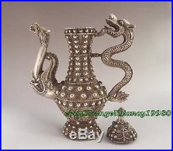 Collectible ancient Chinese Antique Style tibet silver Hand Carved Dragon teapot