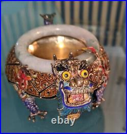 Colorful Enamel Chinese Silver with white/green jade ring DRAGON BOWL