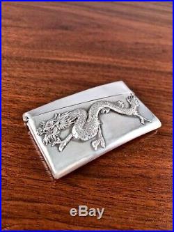 DETAILED CJ & CO. CHINESE EXPORT STERLING SILVER CARD CASE With FIGURAL DRAGON